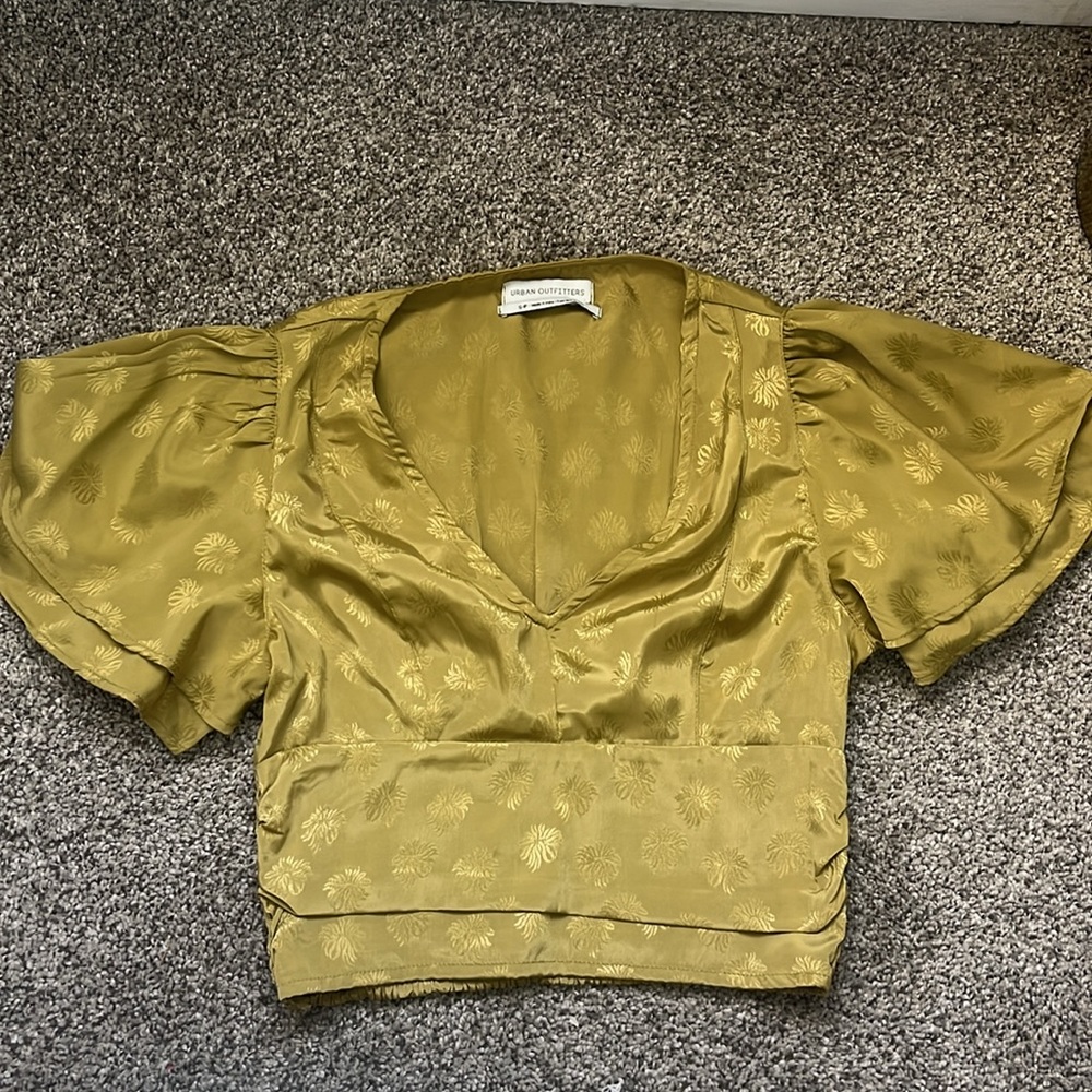 Urban outfitters green short sleeve silk crop top
